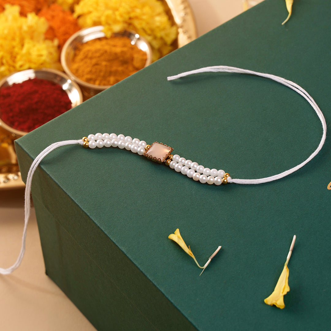 Rakhi - Faux Pearls With Square Stone