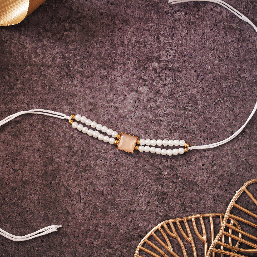 Rakhi - Faux Pearls With Square Stone