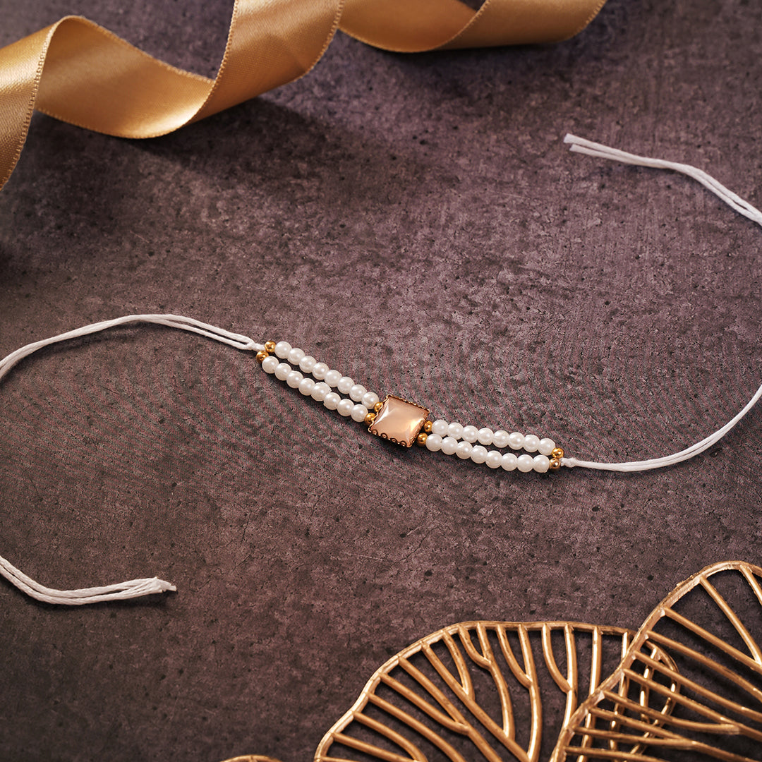 Rakhi - Faux Pearls With Square Stone