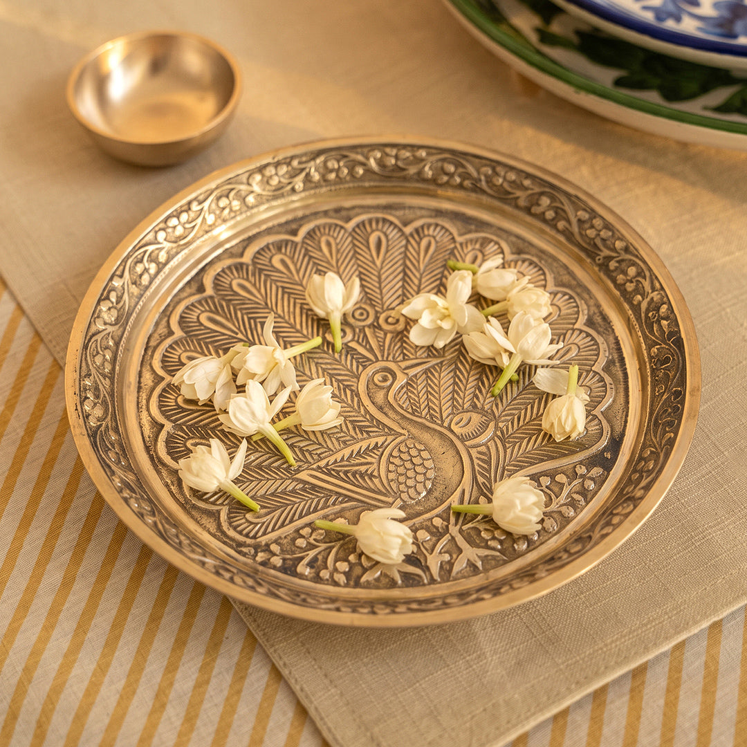 Brass Thali Peacock Engraved