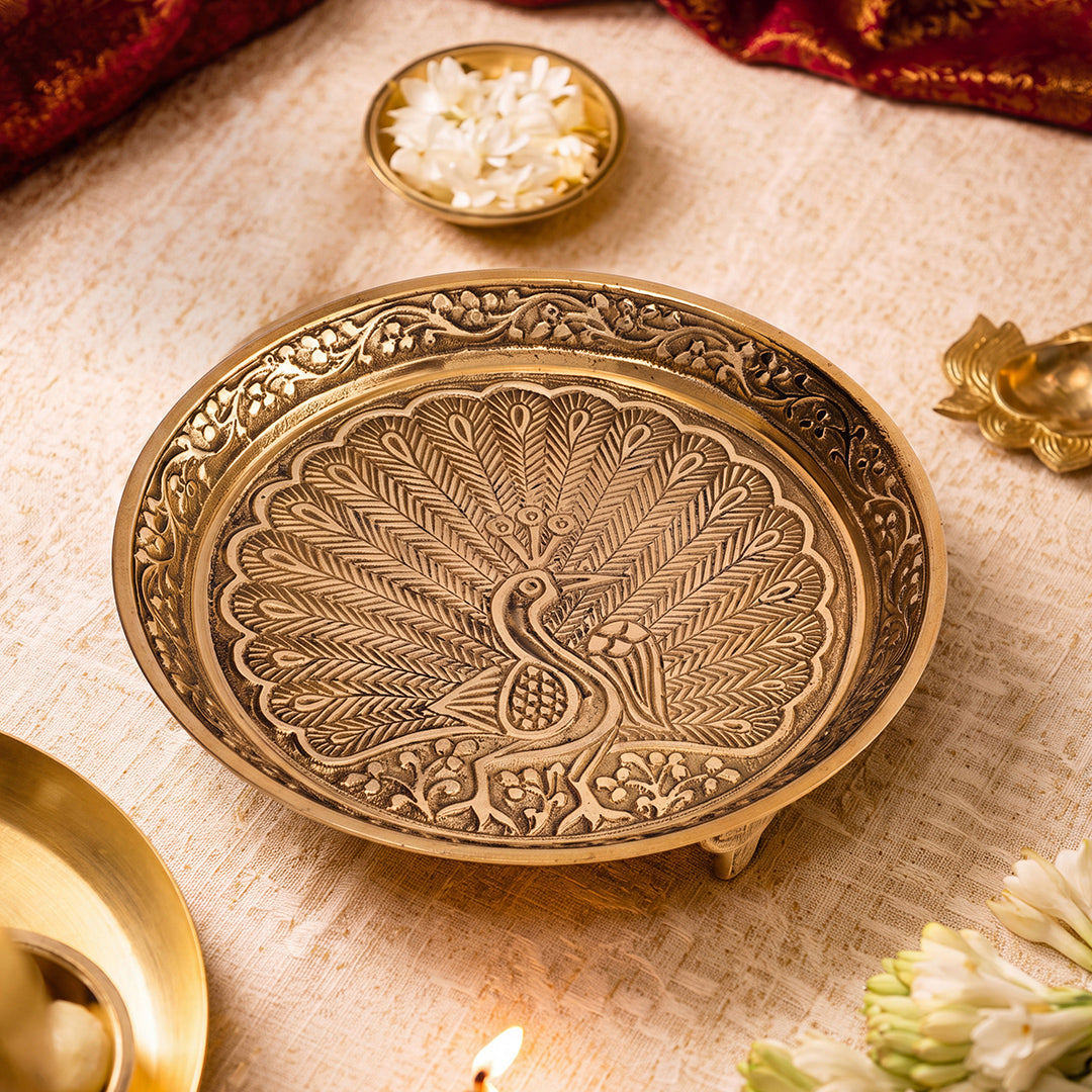 Brass Thali Peacock Engraved
