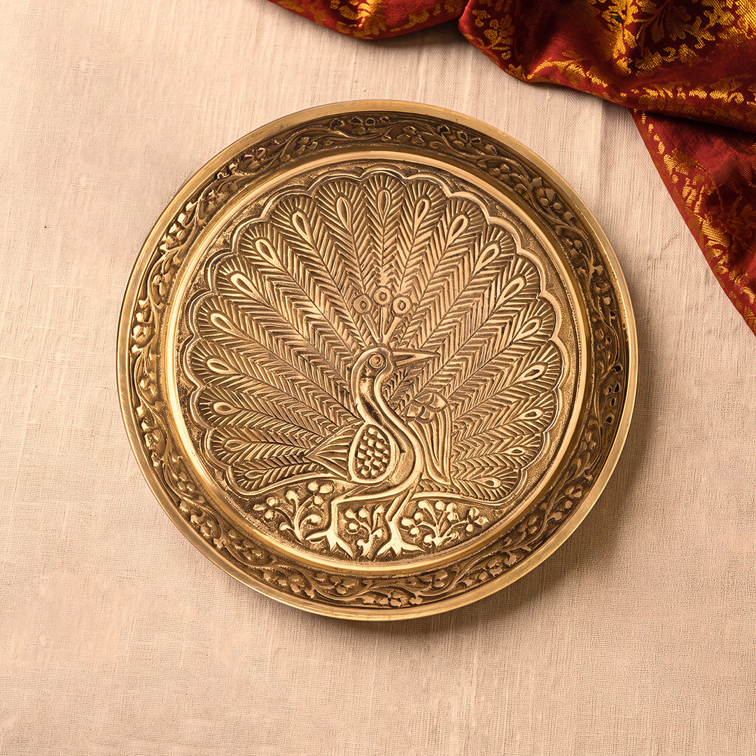 Brass Thali Peacock Engraved