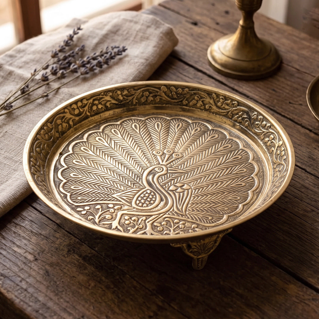 Brass Thali Peacock Engraved