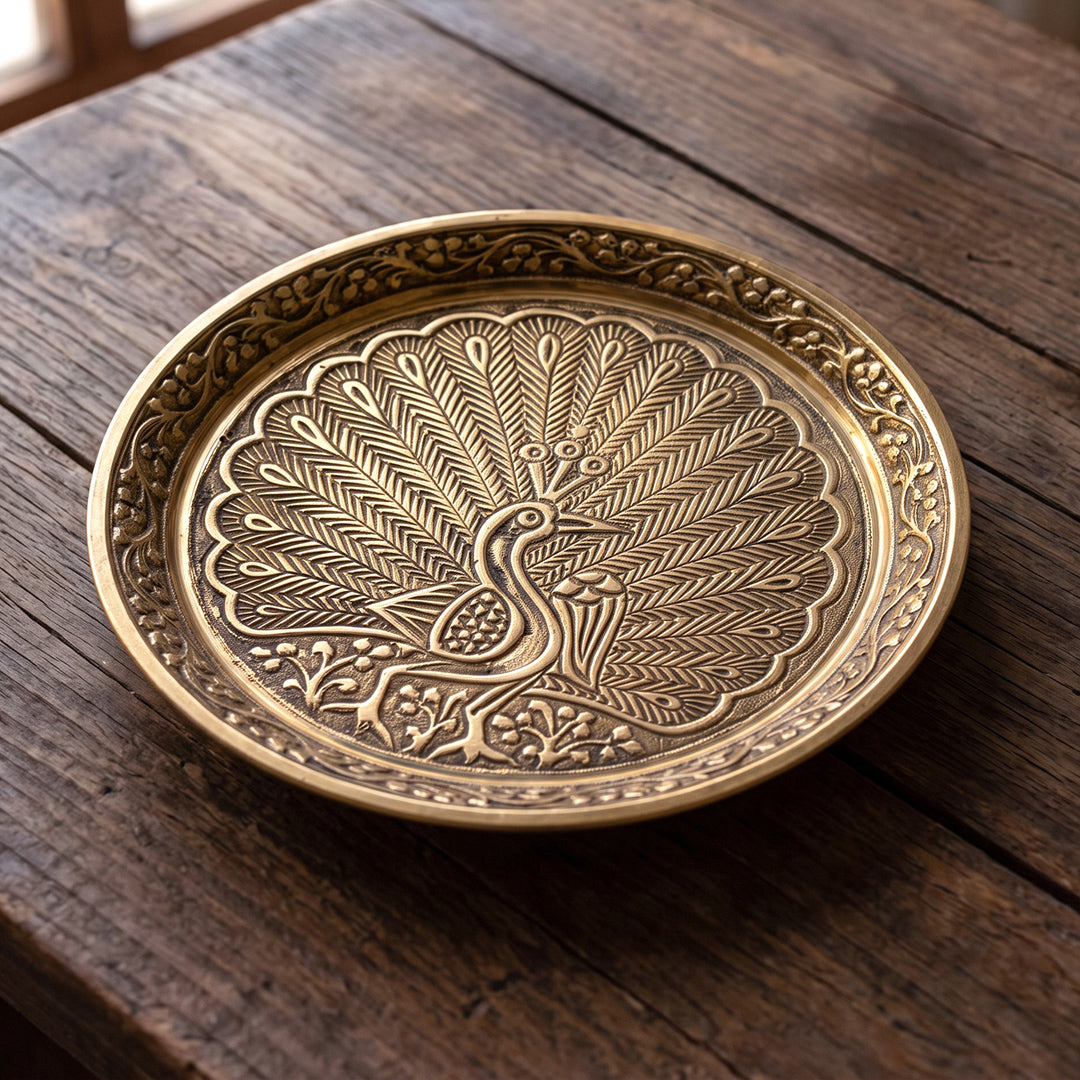 Brass Thali Peacock Engraved