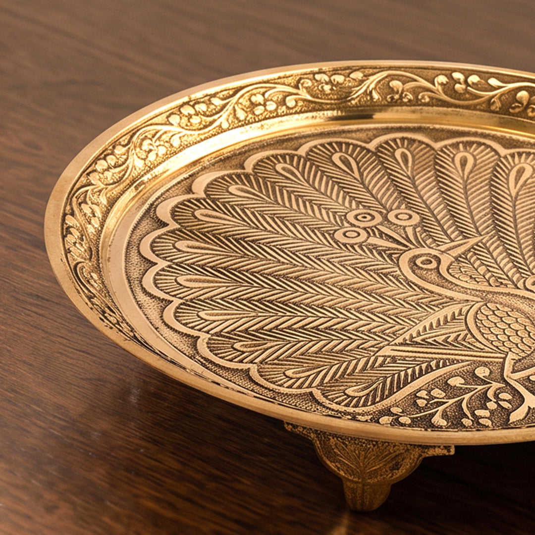 Brass Thali Peacock Engraved