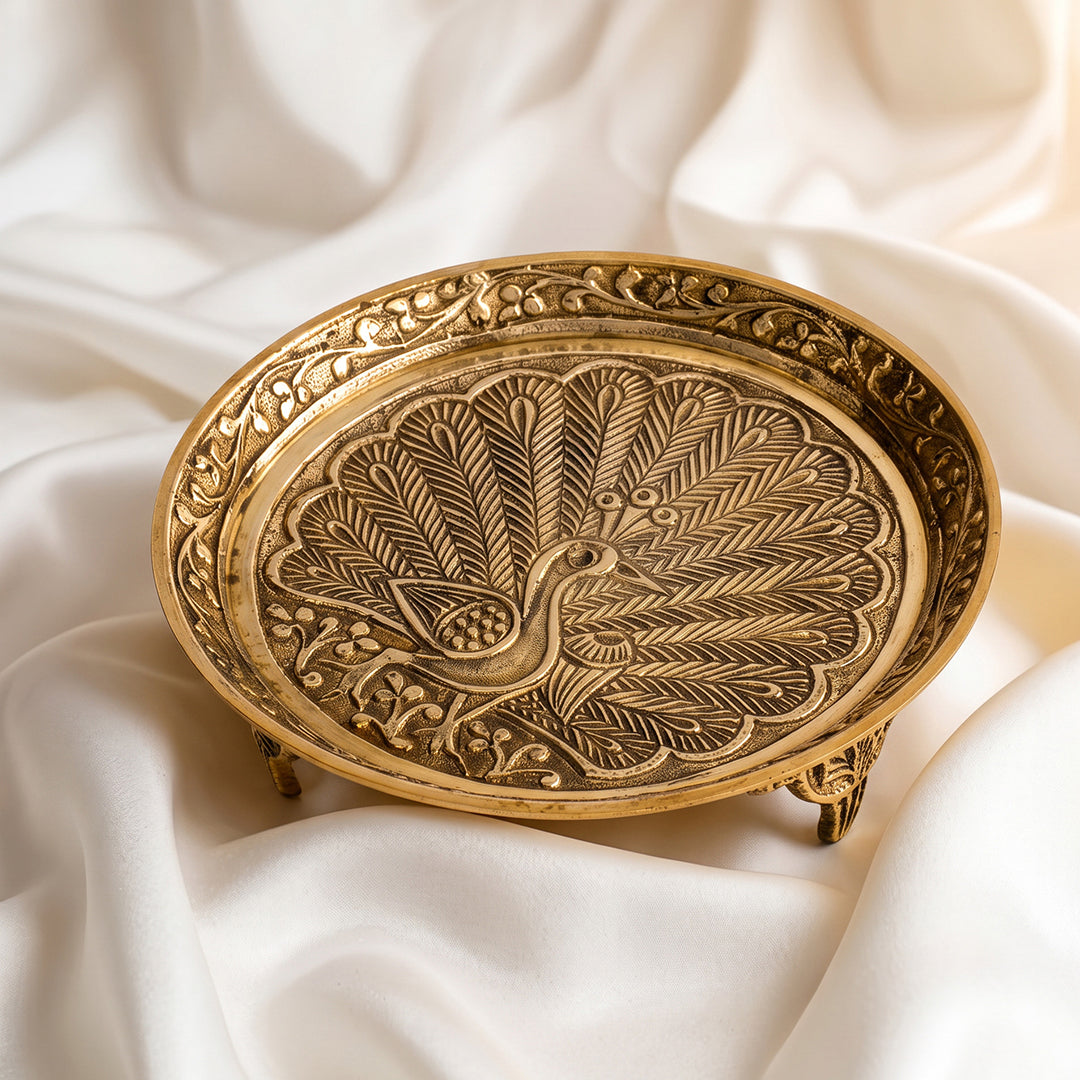 Brass Thali Peacock Engraved