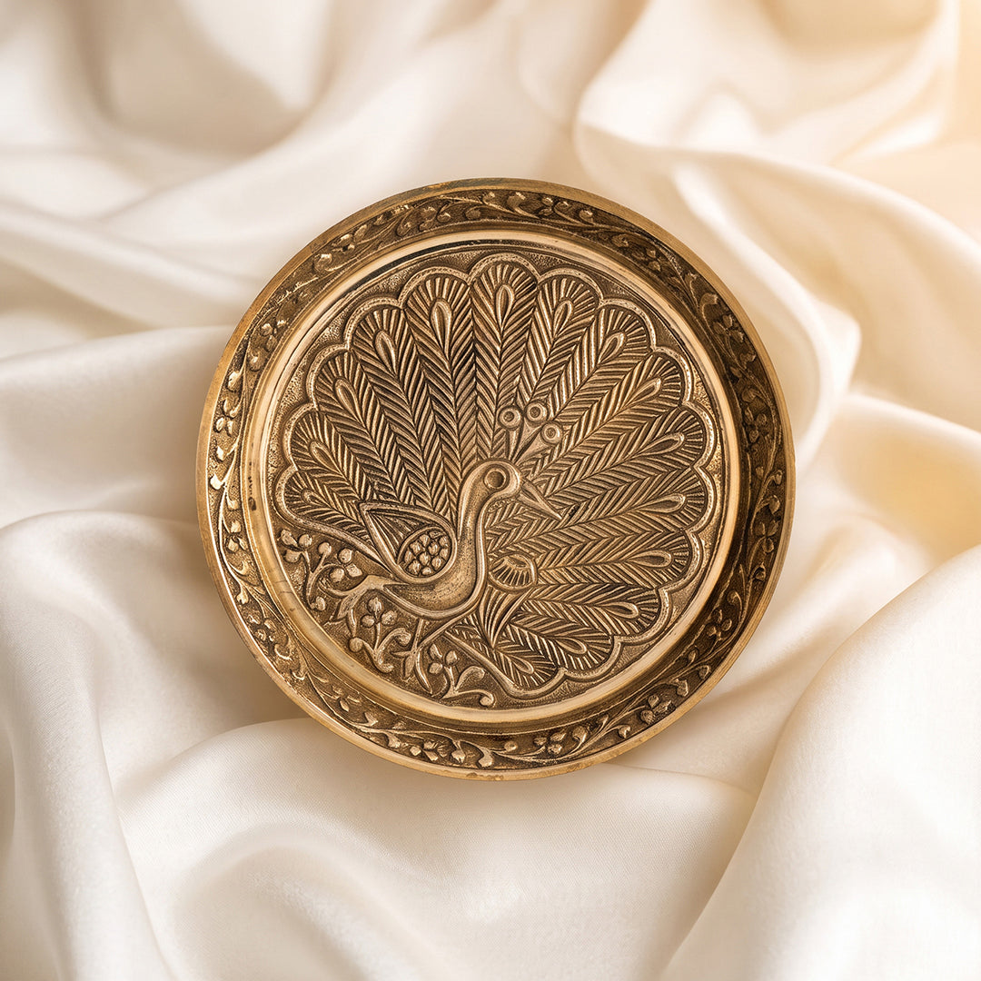 Brass Thali Peacock Engraved