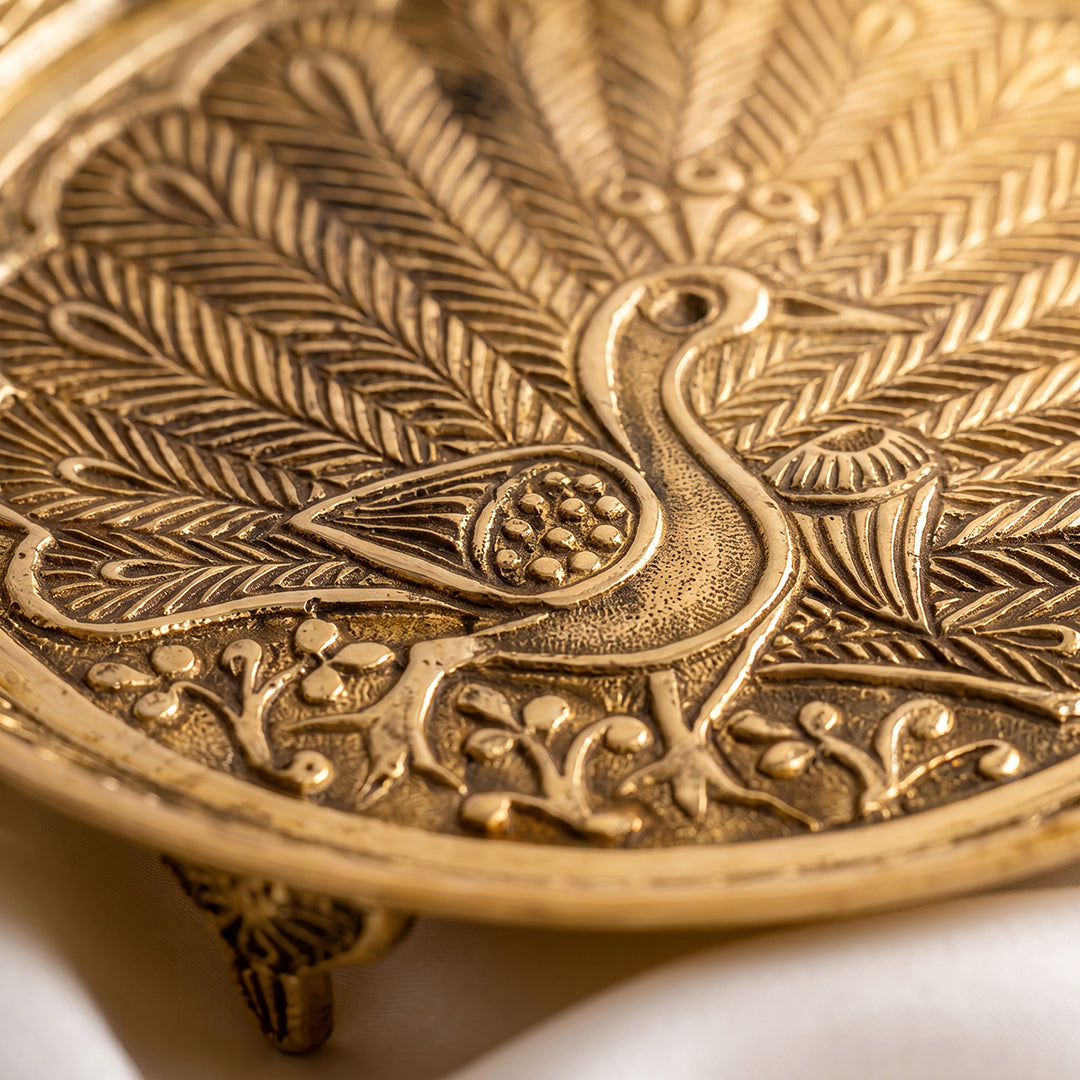 Brass Thali Peacock Engraved