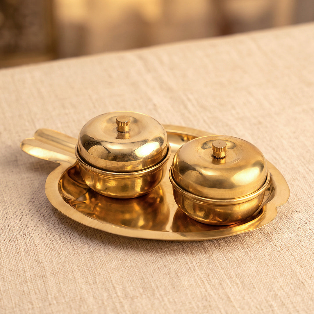 Brass Kumkum Box Tray Set
