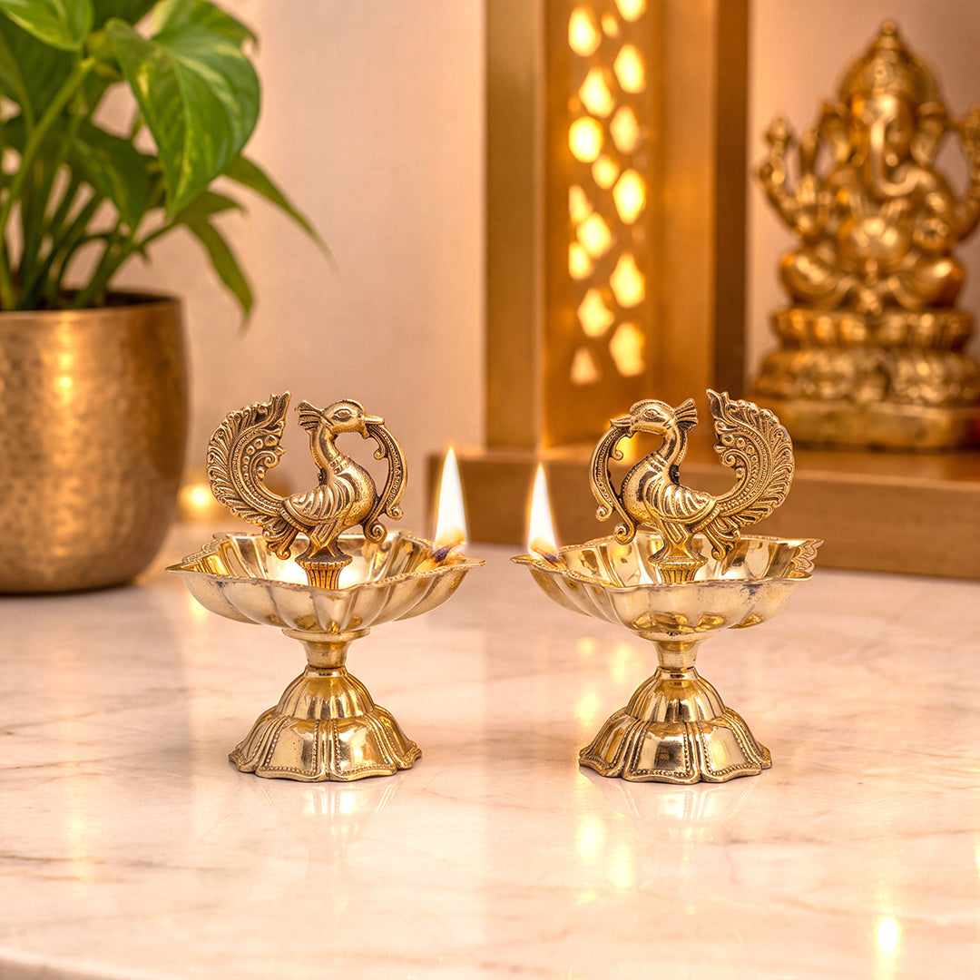 Brass Diya Peacock Pair