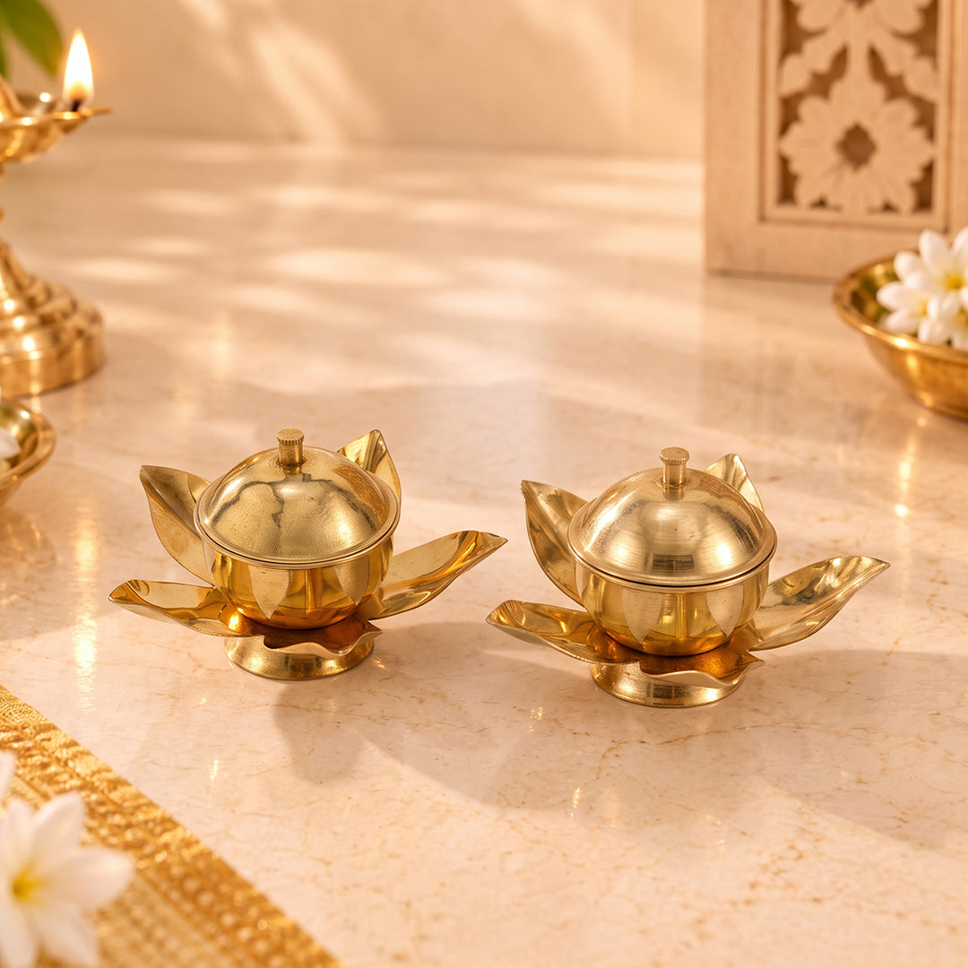 Brass Kumkum Box Lotus Pair