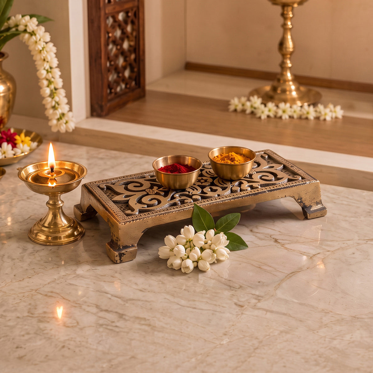 Brass Chowki Rectangular Floral